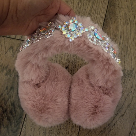 Blush Pink Faux Fur Crystal Embellished Earmuffs Earwarmers Rhinestone Headband - Picture 14 of 16